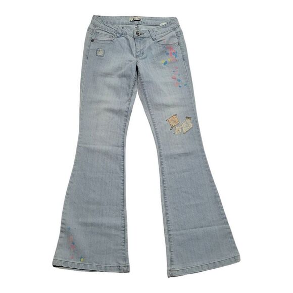 𝅺l.e.i Ashley Trouble Blue Light Wash Flare Leg Paint Splatter Jeans Y2K - Picture 1 of 9